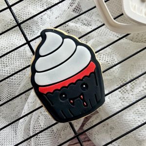 8cm cupcake cookie cutter and fondant embosser with vampire face and blood dripping from mouth