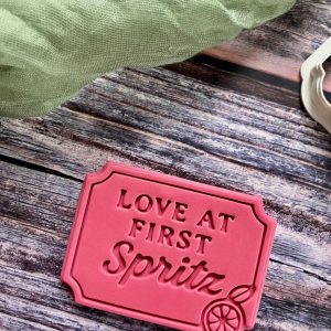 8cm cookie cutter and fondant embosser with ‘Love at First Spritz’ text