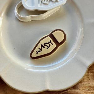 8cm shoe sole cookie cutter and embosser with ‘Andy’ stamped on