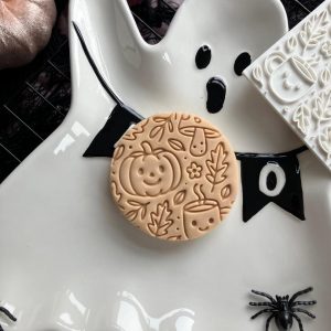 7cm square fondant embosser with pumpkin, latte and mushroom pattern